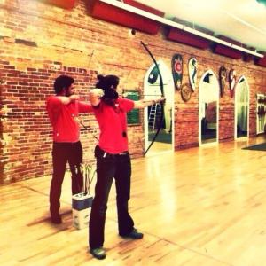 Manu Bennett and Patricia at archery lessons in Vancouver BC Canada