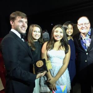 Leading ladies of Stealth (Kristina, Keely, Asia) with Director of Stealth Bennett Lasseter and Dad, John Lasseter, as Bennett accepts his 2015 Student Academy Award from the Academy of Motion Picture Arts and Sciences