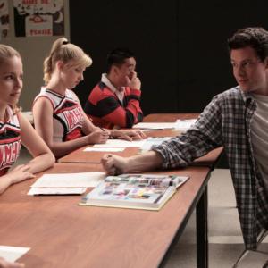 Still of Cory Monteith, Dianna Agron and Heather Morris in Glee (2009)