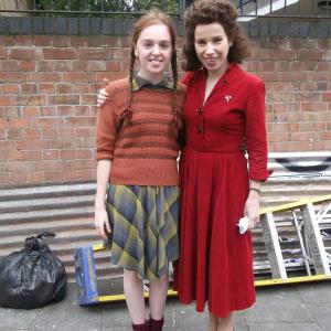 Louisa Connolly-Burnham with co-star Sally Hawkins on the set of Sky1's Little Crackers