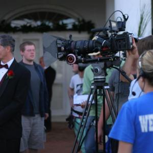 Gus Rhodes (far left)in the role of David Tomayo on set with cast and crew members of THE VEIL - Wendy Granger, Director