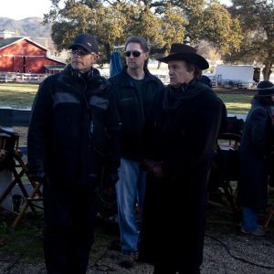 Larry A Thompson with associate producer Robert G Endara II and director Gregg Champion on set of Amish Grace