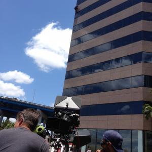 On location- 10 stories up for Burn Notice.