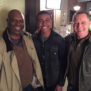 Joseph Anderson with Robert Wisdom and Jason Beghe on set of the season finale for Chicago PD