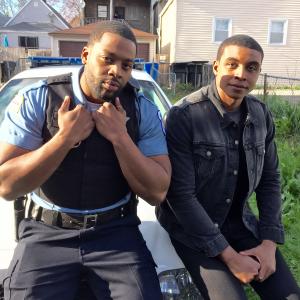 Joseph Anderson and Laroyce Hawkins on set for the season finale of Chicago PD