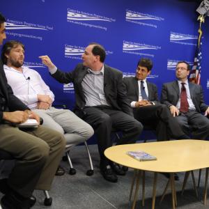 Phil Kerpen of Americans For Prosperity gets into a heated discussion with producer Taki Oldham following a screening of the film Astro Turf Wars as Faiz Shakir Brad Johnson Dana Milbank Washington Post and Lee Fang The Nation watch on