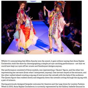 Performance and modelling for Anne Sophie Cochevelou at Brighton Fashion Week 2015. Article from blog at: http://www.pippasays.com/brighton-fashion-week-top-10-emerging-designers-you-need-to-watch/
