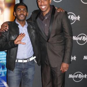 Venk Potula with Nick Cannon during the St. Mary's Kids Benefit Concert at the Hard Rock Cafe in Times Square.