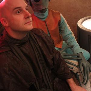 Jack Bennett Terminal Man and Bryan Christensen Greedo on the Cantina set of The Nerdists Star Wars Cantina Karaoke