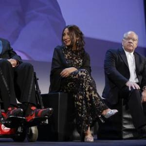 Bernardo Bertolucci Haifaa alMansourand Paul Schrader on stage during the Opening Ceremony at the 70th Venice International Film Festival at the Palazzo del Cinema on August 28 2013 in Venice Italy