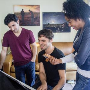 Composer Gregory Nabours runs through a music rehearsal with actors Noah James and Dionne Gipson