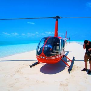 Director of Photography Mike Miller and Helicopter Pilot Dave Harmon on location for Private Islands Bahamas