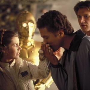Still of Harrison Ford, Anthony Daniels, Carrie Fisher and Billy Dee Williams in Zvaigzdziu karai. Imperija kontratakuoja (1980)