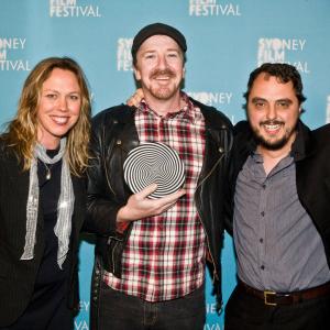 Katrina Mathers Alister Lockhart Patrick Sarell with the Yoram Gross Animation Award for Nullarbor at the Sydney Film Festival 2011