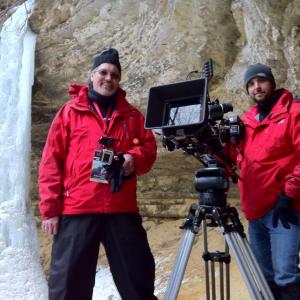 William Kleinert (left), Producer/Director, PROJECT: ICE, on location at Pictured Rocks National Lakeshore (NPS), Lake Superior shoreline, Michigan, 2012.