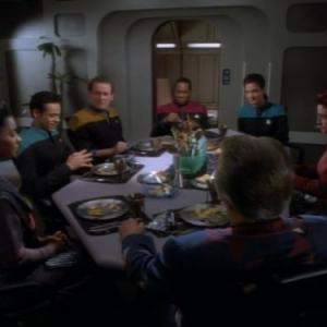 Still of Terry Farrell, Colm Meaney, Nana Visitor, Avery Brooks, Richard Kiley, Salli Richardson-Whitfield and Alexander Siddig in Star Trek: Deep Space Nine (1993)