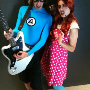 Ian Fowles and Janet Paraiso on the set of The Aquabats Super Show