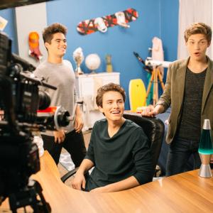Liam Attridge, Emery Kelly and Ricky Garcia of Forever in Your Mind on the set of Shake Your Booty for Disney Channel