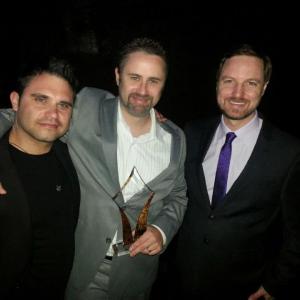 Ed Robinson Jonathan Robbins  Matthew Carvery celebrating Eds win at the 2013 Hollywebfest awards