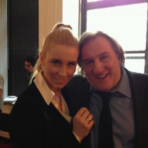 Anna Lakomy with Gerard Depardieu on set of Welcome to New York directed by Abel Ferrara