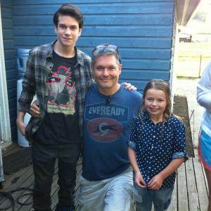 Jena Skodje with director Ken Friss and Liam James on the set of R.L. Stine's The Haunting Hour - Uncle Howee.