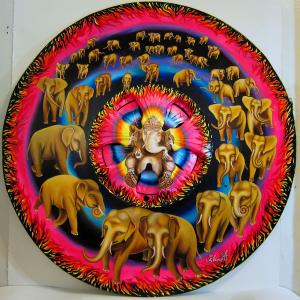 'Ganesh blesses Watering Hole as Separate Tribes of African & Asian Elephants Gather' Original painting by Elin Hunter Acrylic on wood & plastic found objects 4&1/2 feet in diameter