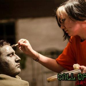 Chelsea Baran doing makeup work on the principle zombie Salvatore Sabia from Call of Duty Undead