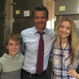 Tim Olyphant with Connor Kalopsis and Hana Hayes on set The Grinder