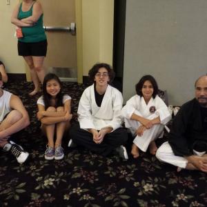 On the set of Martial Arts Kid waiting between takes with friends who i have cast in my other productions