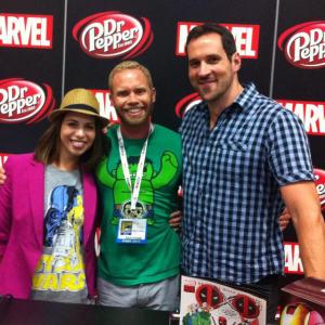 Marvels Avengers Assemble press at San Diego ComicCon 20213 l to r Laura Bailey Willingham Black Widow Cort Lane VP Development  Marvel and Travis Willingham Thor
