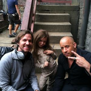 Samara Lee along with her dagger director Breck Eisner and Vin Diesel during the filming of The Last Witch Hunter