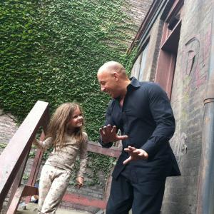 Samara Lee and Vin Diesel chatting during a break from filming The Last Witch Hunter