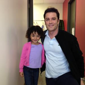 Aaliyah Cinello with Yannick Bisson on set of The Adventures Of Napkin Man
