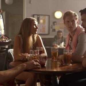 Still of Clare Fettarappa in Fresh Meat with Jack Withehall, Jack Fox and James Musgrave.