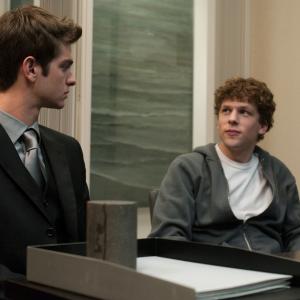 Still of Jesse Eisenberg and Andrew Garfield in The Social Network 2010