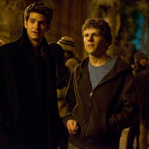 Still of Jesse Eisenberg and Andrew Garfield in The Social Network 2010