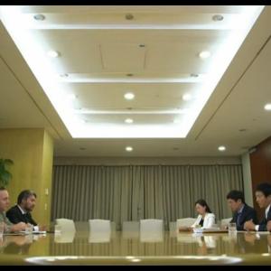 Still of Dean Dawson (center left) as Pres. Hunt playing opposite Soo-jong Choi (center right) as Tae-hyeong Park for Chosun TV's Into the Flames. Based on the life of Tae-joon Park, the founder and chairman of steel maker company POSCO.