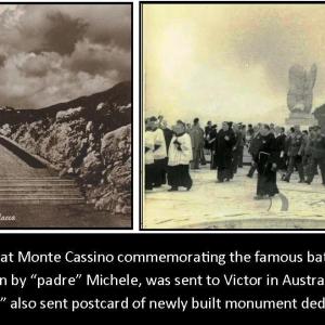 Postcards commemorating the infamous battles of Monte Cassino where Polish troops were finally able to release their anger upon the Nazi German Wehrmacht. Padre Michele sent copies of these to Victor in Australia to be forwarded to Andre and Franki.
