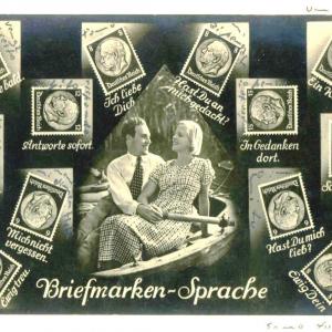 BRIEFMARKEN SPRACHE German Postcard Philatelists LOVE MESSAGES indicated by the obvious positioning of stamps method often used by victor when writing to his girlfriends