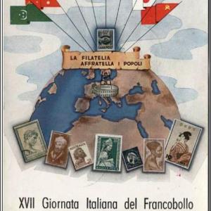 1956 postcard by Associazione Filatelica Scaligera making an ironic statement that philately makes brothers of all nations The irony said Victor is that Mussolini Hitler Stalin Churchill and Roosevelt were stamp collectors themselves