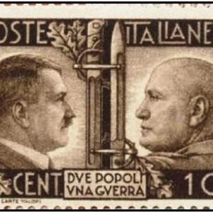 THE PACT OF STEEL. 1941 commemorative stamp depicting Mussolini's greatest blunder: that of striking a military alliance with Adolf Hitler which led to the fall of Fascism, the fall of Italy, and the destruction of Germany.