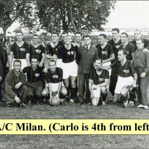 15 September 1934 Italys Milan Soccer Team in Lwow Poland wearing Fascist Sports Emblems on their team jerseys Team was hosted by Carlo Perantoni at the Winiarnia Italia wine and pasta tavern Photo was taken by Victor on 15 September 1934