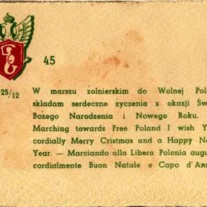 1945 Seasons Greetings from the Polish 2nd Corps sent to Victor by our screenplay hero ANDRE FRODEL known as a world famous stamp forger ANDRE was really an honest lithographic artist and now a valiant wartime officer of the Polish 2nd Corps