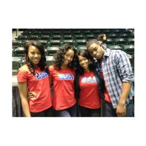 Kyal Legend with Regina King and Stephan James on the set of The Gabby Douglas Story