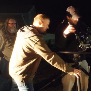 On the set of Shortly After Nightfall with cinematographer Deejay Scharton center and director Mathew Kister right