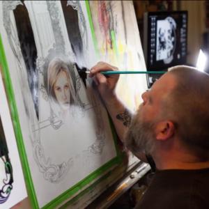 Renowned comic book artist Tony Harris paints Lily Keene onto The World Is Big And Scary poster