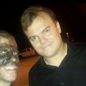 Actors Lucky Mangione and Jack Black on the set of Goosebumps 2015