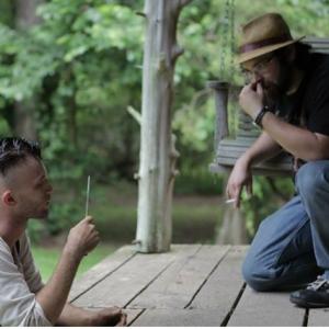 Discussing character with Joshua Mark Robinson on the set of THE DOOMS CHAPEL HORROR