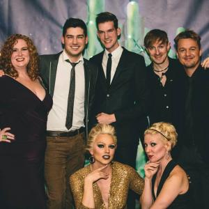 Andrew Nielson with Sirius XM Bway's Julie James, Brett Pruneau, Star Search winner Jake Simpson, Courtney Act (RuPaul's Drag Race), and Jenn Malenke (Bway's Into the Woods)