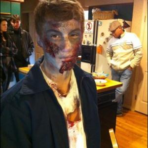 In zombie makeup on the set filming 